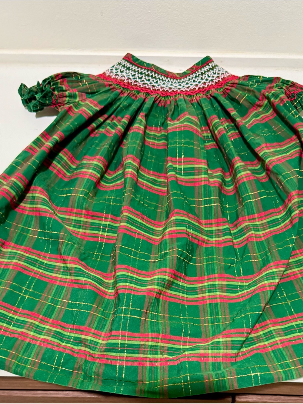 Carousel Wear Smocked Christmas Bishop Dress 12M Red Green Plaid Holiday Baby